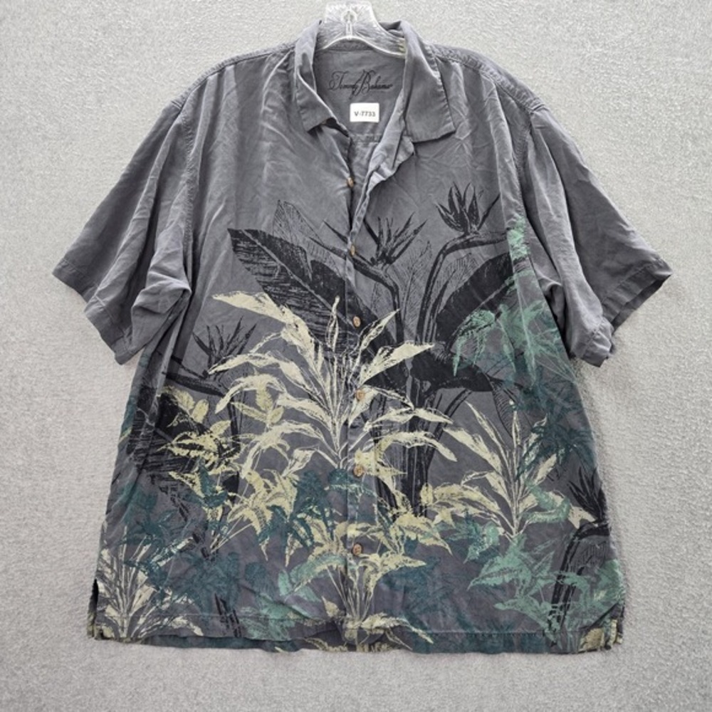 Tommy Bahama Men Button Up Shirt XL Gray Silk Brand Logo Embroidery Floral